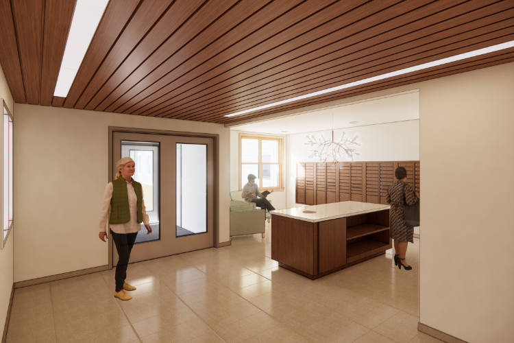 Rendered model of the Lilac Grove lobby space.