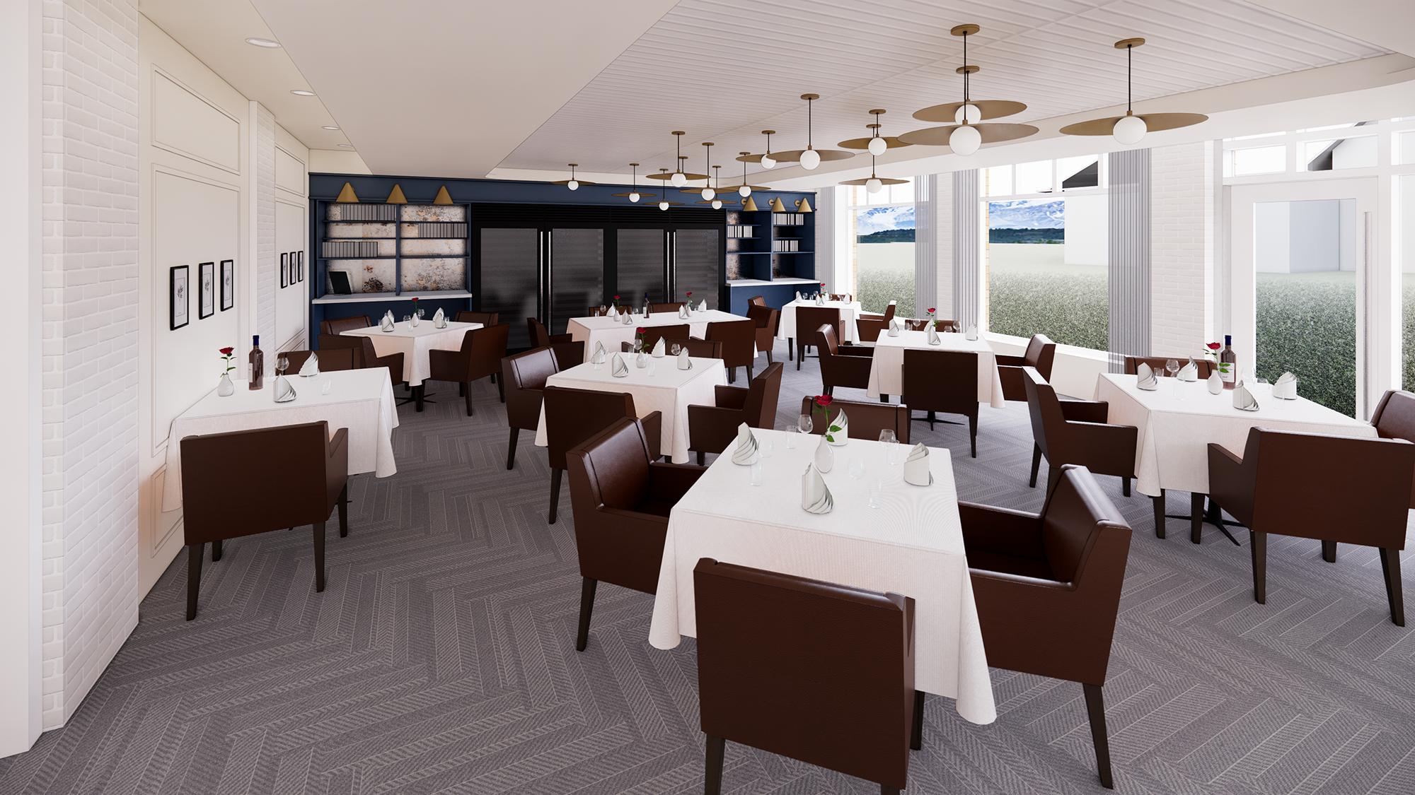 Rendered model of the inside of the River Grill restaurant space.