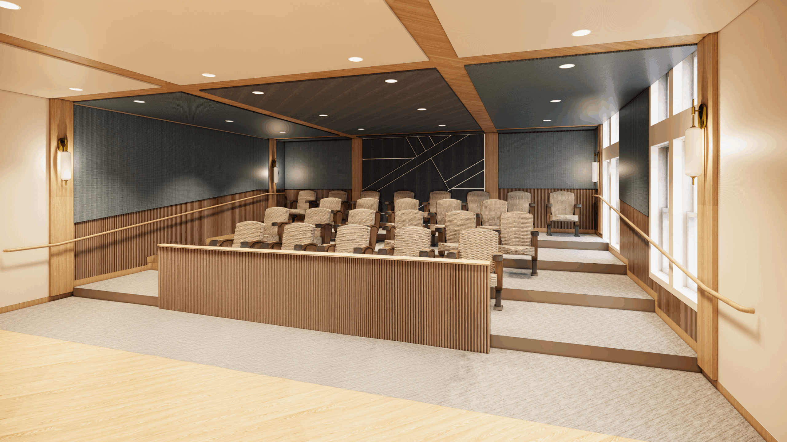 Rendered model of the theater space in the Independent Living Expansion.