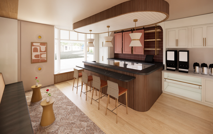 Rendered model of the kitchen space in the Independent Living of Summit Expansion.