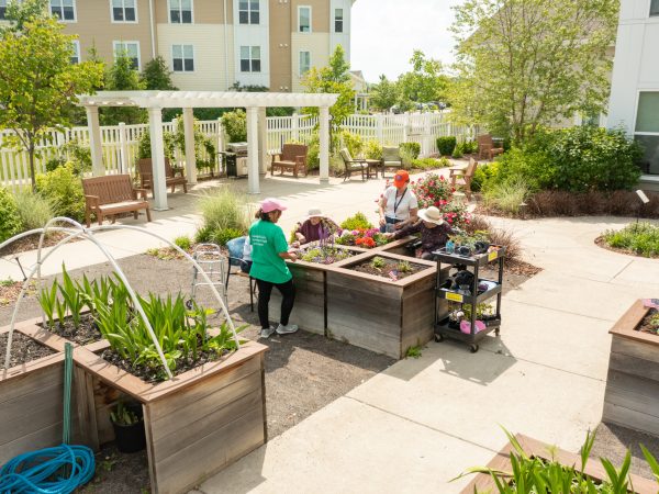 Outdoors patio and garden at the long term care facility.